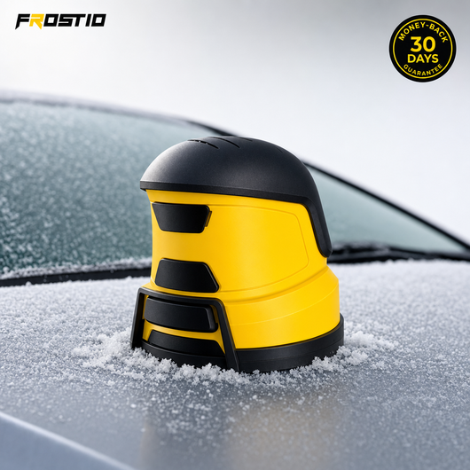 Frostio cordless electric ice scraper on a frosted car hood with 30-day money-back guarantee