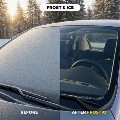 Frosted windshield before and clear windshield after Frostio