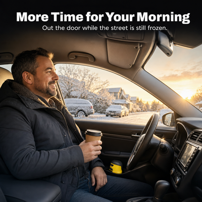 Driver with coffee in a warm car on a frosty morning, Frostio in the door pocket